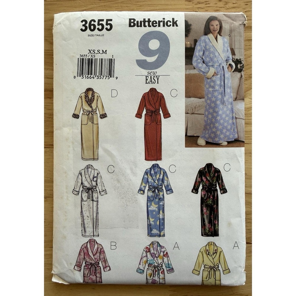 Butterick "9 Sew Easy"‎ Pattern 3655 Misses' Robe & Belt Size XS-M Uncut FF